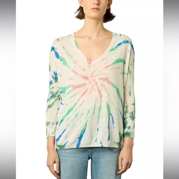 GERARD DAREL SIZE 2 100% linen Lance Tie‎ Dyed Top sweater v-neck - Picture 2 of 7